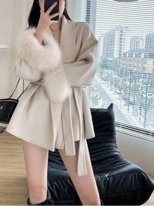 Elegant Lace Up Woolen Short Coat Solid Loose Lapel Furry Belt Long Sleeve Jacket Female 2025 Autumn Winter Lady Chic Cardigan