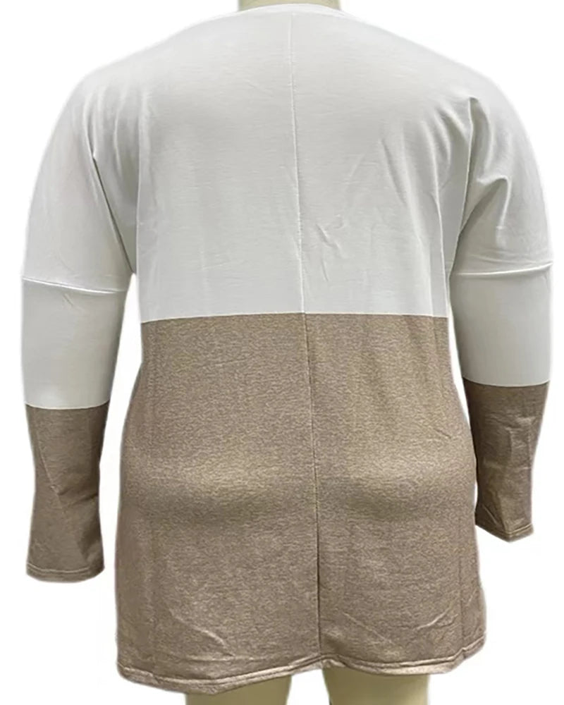 2024 Plus Size Europe And The United States Autumn Love Printed Round Neck Loose Color Contrast Long Sleeve T-Shirt Women