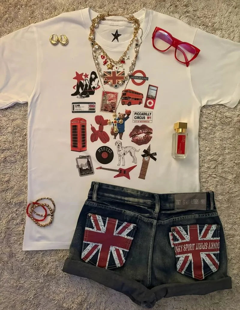 American New Fashion Vintage Pattern Printing Casual Denim Shorts Women Y2K Harajuku College Fashion Casual Joker Shorts