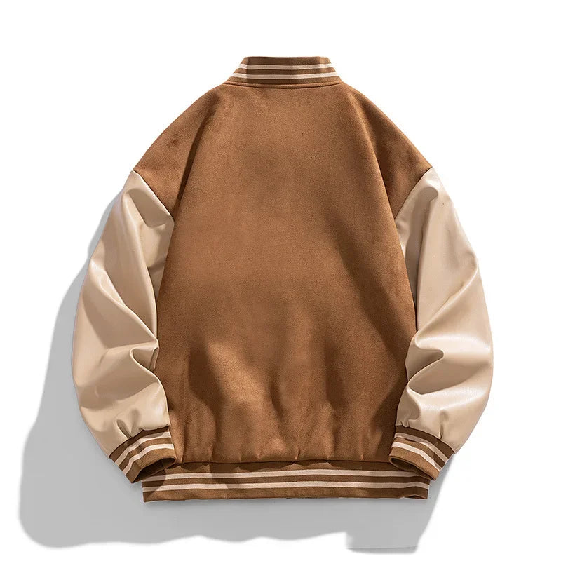 American Retro Suede Baseball Jacket Men's Spring Autumn Casual Leather Sleeve Outerwear JK819 Public Version Couple's Style
