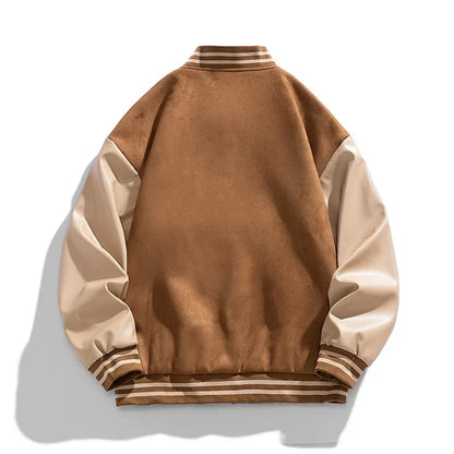 American Retro Suede Baseball Jacket Men's Spring Autumn Casual Leather Sleeve Outerwear JK819 Public Version Couple's Style