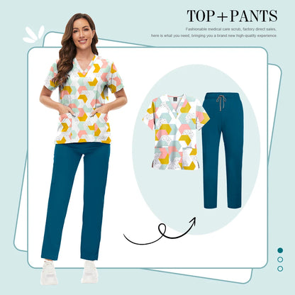 Scrubs Uniforms Sets High-quality Medical Scrub Multicolor Animal Printed Women Scrub Tops Medical Scrubs Uniform Nurse Lab Wear