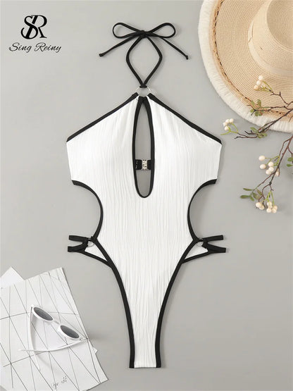 SINGREINY Hollow Out Halter Bikini Swimsuits Irregular Sheath Short Bodysuits Fashion Women Backless Beach Style Sexy Playsuits