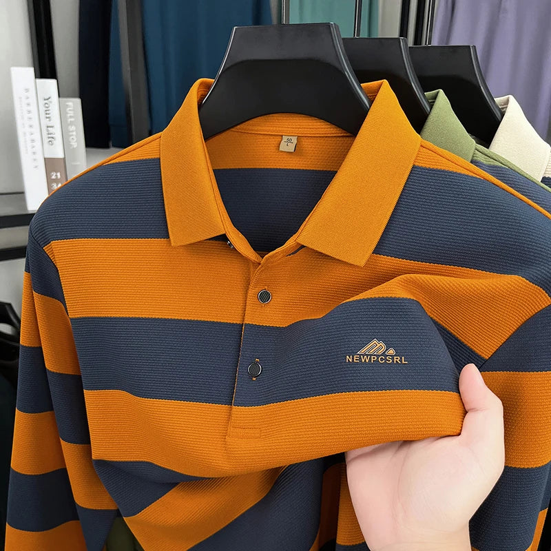 High end brand men's long sleeve polo shirt autumn fashion striped original letter design boutique golf casual business T-shirt