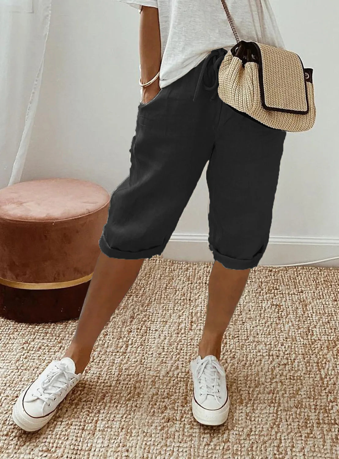 Women Cotton Linen Harem Knee Length Pants Summer High Elastic Drawstring Pocket Solid Color Shorts LRFZ-911