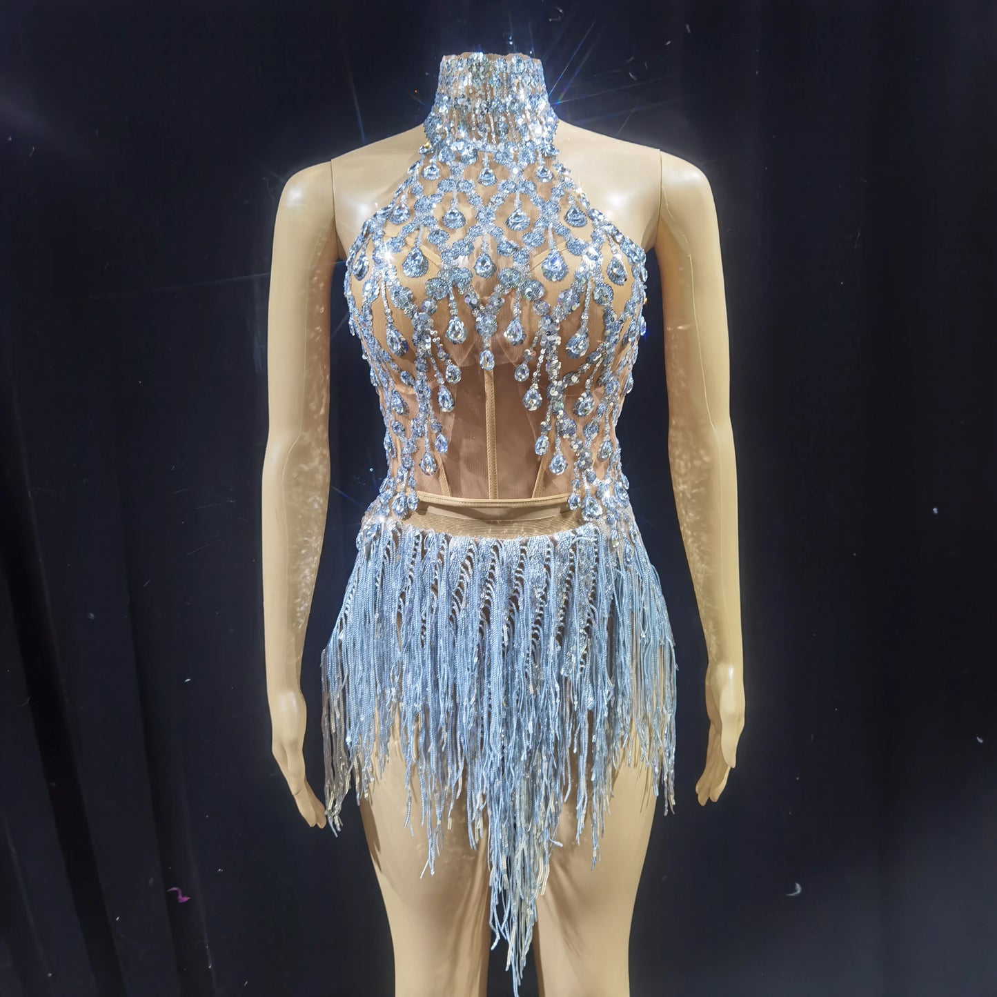 Luxurious Blue Diamond Sparkling Tassel Jazz Dance Performance Clothing Basketball Baby Performance Clothing Cheerleading Short