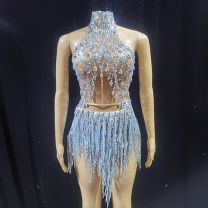 Luxurious Blue Diamond Sparkling Tassel Jazz Dance Performance Clothing Basketball Baby Performance Clothing Cheerleading Short