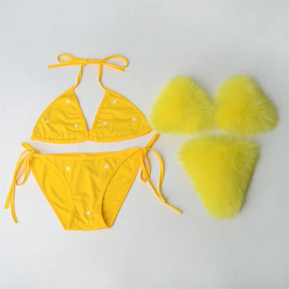 Summer Women Fake Fox Fur Sexy Halter Solid Color Bikini Set Swimsuits Triangle Sexy Bikini Set Faux Fur Swimsuit Plush Swimwear