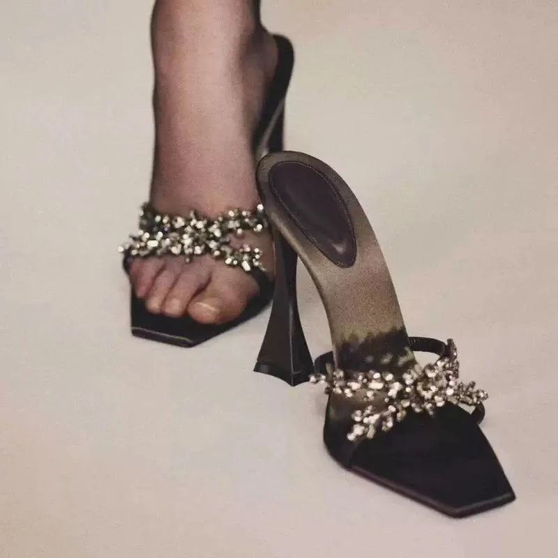 2025 NEW High Quality Luxury Heels Women's Sandals Designer Shoes Rhinestone Square Toe Open Toe Slides Женская Обувь