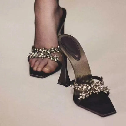 2025 NEW High Quality Luxury Heels Women's Sandals Designer Shoes Rhinestone Square Toe Open Toe Slides Женская Обувь