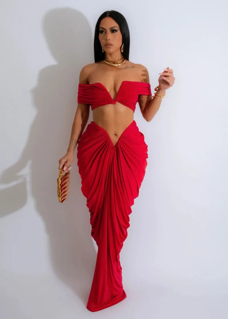 Sexy Party Night Ruched Maxi Dress Sets for Women Two Piece Set Sexy Club Outfits Slash Neck Crop Top + Long Skirt Matching Sets