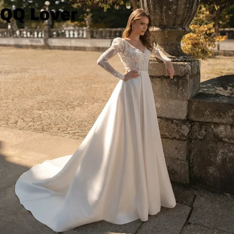 Wedding Dress for Lady Customized High Neck Long Sleeves Sequined Applique Draped A Line Satin Bridal Gown for Bride