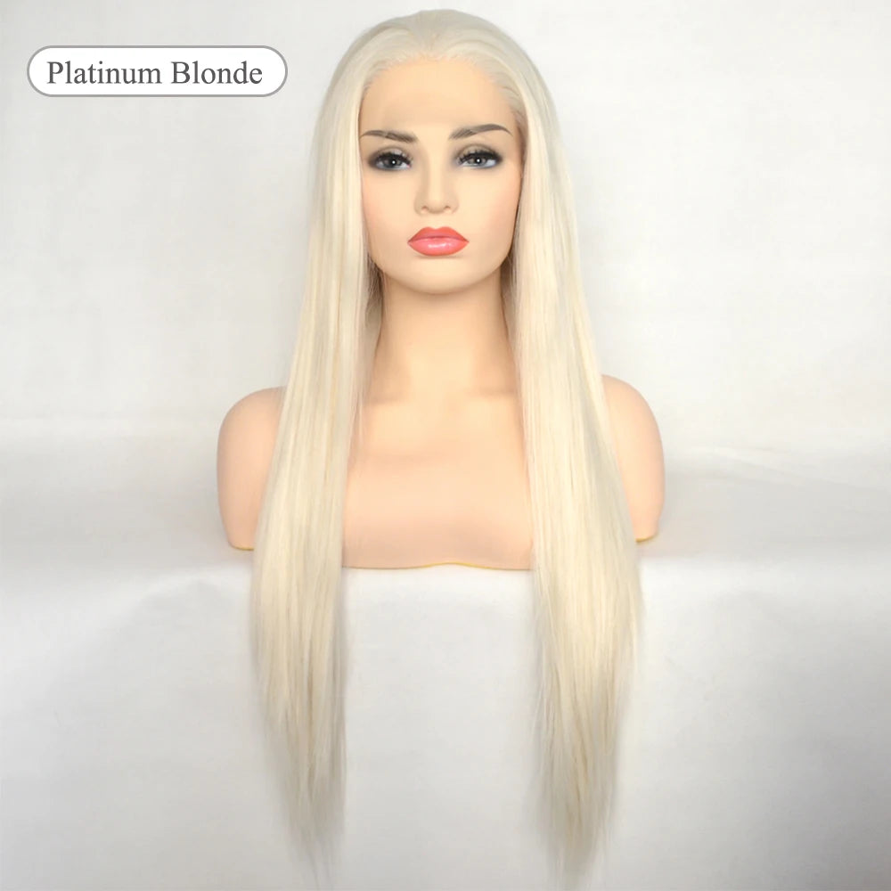 Voguequeen Platinum Blonde Synthetic Lace Front Wigs Silky Straight Heat Resistant Fiber Daily Wear For Women