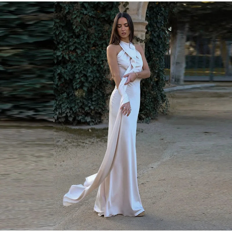 Elegant Ribbon Halter Dress Women Solid Off Shoulder Sleeveless Backless Slim Maxi Dresses 2026 Summer Autumn Party Robes Lady