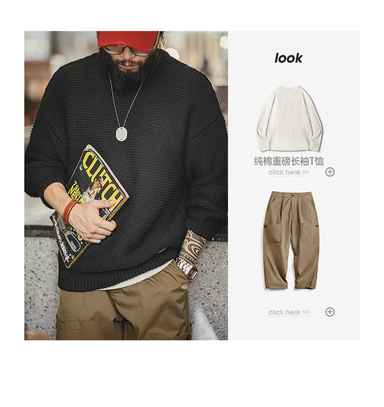 Maden Retro Heavyweight Knitted Sweater Loose Round Neck Pullover Warm Versatile Base Layer Knitwear for Men's Autumn and Winter