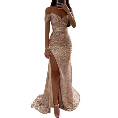 2025 Elegant Off-shoulder Gown Dress V-Neck Sequin Pleated Short Sleeve Waist Tight Maxi Dress Split Evening Party Prom Dress