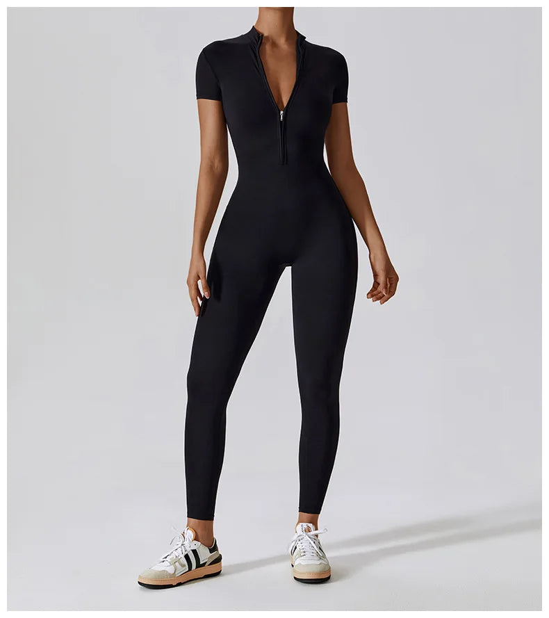Yoga Set Women Sports Yoga Jumpsuits Tracksuit One-Piece Zipper Short Sleeve Gym Clothes Workout Fitness Sportswear Yoga Suit