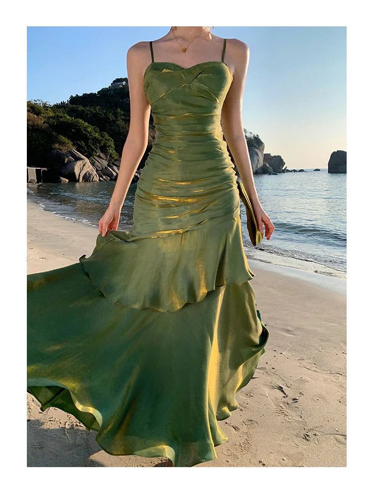 Sexy Solid Spaghetti Strap Sleeveless Evening Dresses Elegant Ruffles Party Long Dress For Women Summer Slim Beach New Vestidos