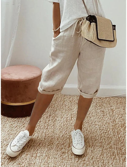 Women Cotton Linen Harem Knee Length Pants Summer High Elastic Drawstring Pocket Solid Color Shorts LRFZ-911