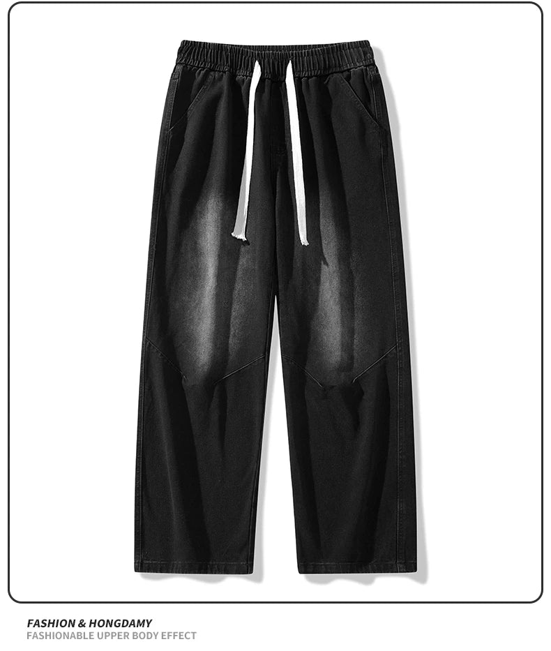 2025 Hip-hop Baggy Denim season elastic waist New Korean Men's Jeans American Loose Fit Wide-leg Straight Casual Trousers Street