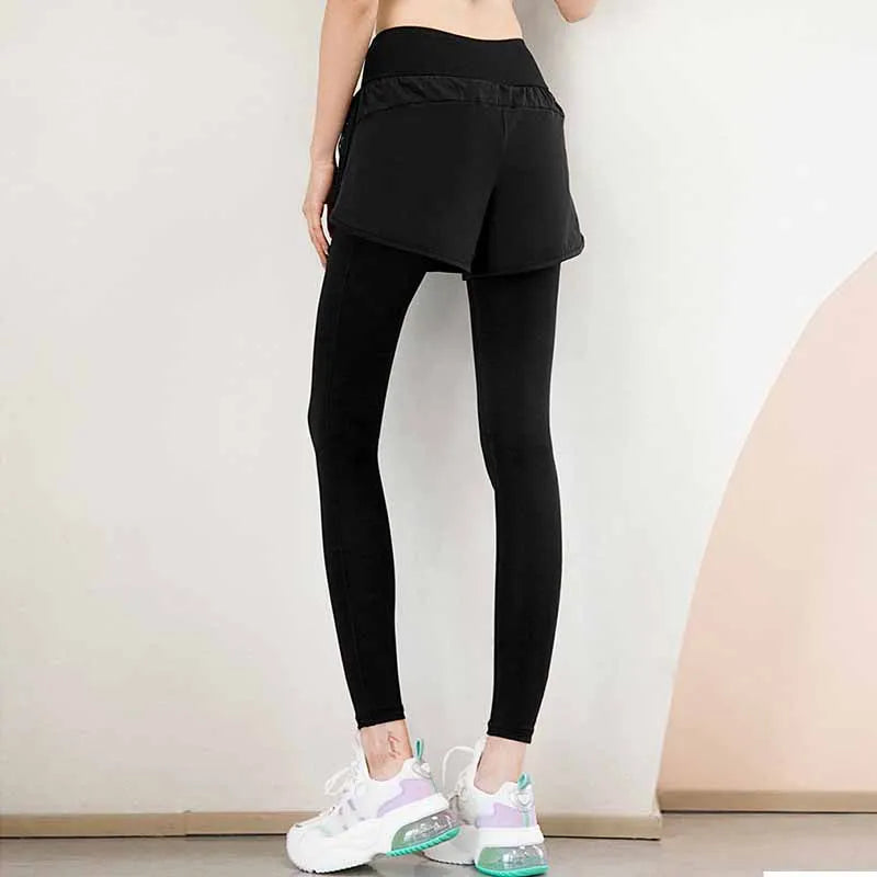 Women's Gym Leggings Elastic High Waist Fake Two Pieces Yoga Pants With Pockets Sportswear Running Tights Gym Yoga Wear