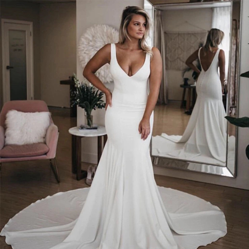 Mermaid Wedding Dresses 2025 Women Elegant Sleeveless White Vestidos De Novia Simple Boho Satin Long Sexy V-Neck Bride Gowns