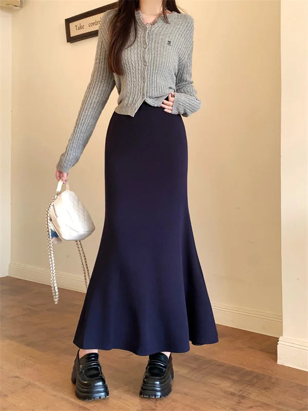 Solid Vintage Temperament Package Hip Skirts Elastic High Waist Simple Spring Autumn 2026 Fish Tail Skirt Casual Slim Long Skirt