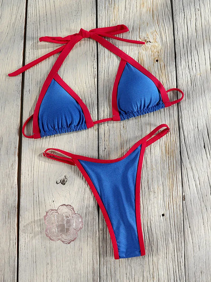 Halter Bordered Swimsuits Women Triangle Bikini 2025 Bandage Swimwear Print Bathing Suit Sexy Biquini Mujer Low Waist Beach Wear