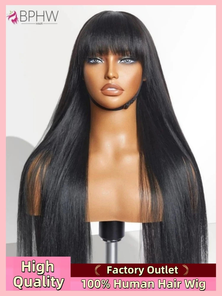 Bone Straight Cheap Wigs 180 Density Full Machine Made Human Hair Wig With Bangs On Clearance Sale Wigs For Women Wholesale BPHW