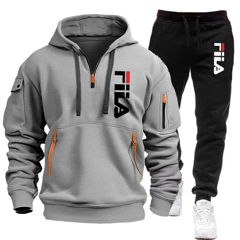 Autumn and Winter 2025 new men's hooded sweatshirt + pants two-piece set, outdoor multi-pocket men's pullover sportswear set