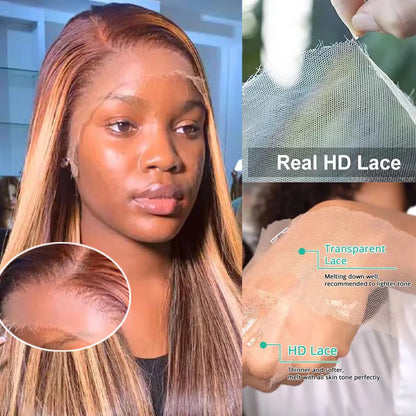 46 Inch Brazilian Hair P4/27 Straight 100% Human Hair Wig Honey Blonde 200% Density Remy Hair 13x6 HD Transparent Lace Front Wig