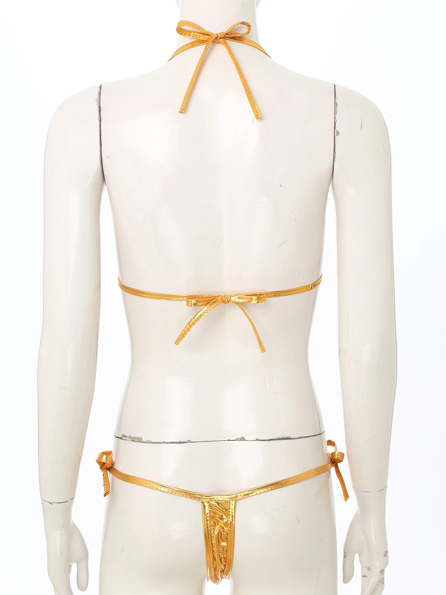 Womens Brazilian Micro Bikini Swimsuit Biquini Set Lacing Non-Padded Triangle Cup Bra Top with G-String Metallic Shiny Swimwear