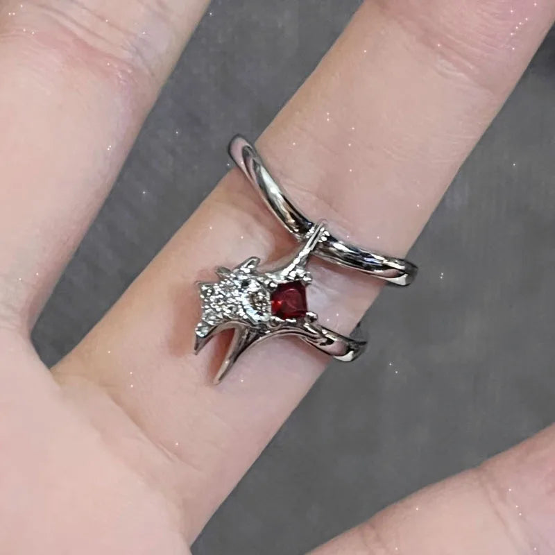 Irregular Red Crystal Glass Heart Aesthetic Rings For Women Y2K Gothic Animal Spider Ring Creative Grunge Jewelry Accessories