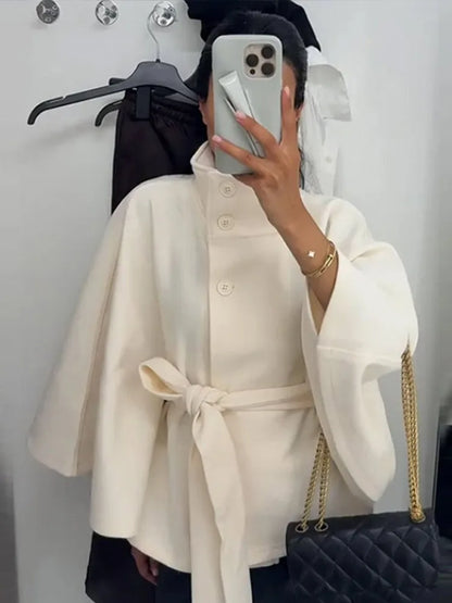 Elegant Fleece Women's Coats Solid Stand Long Sleeve Belted Lace-Up Button Jackets 2025 Autumn Winter Outerwear Female Tops