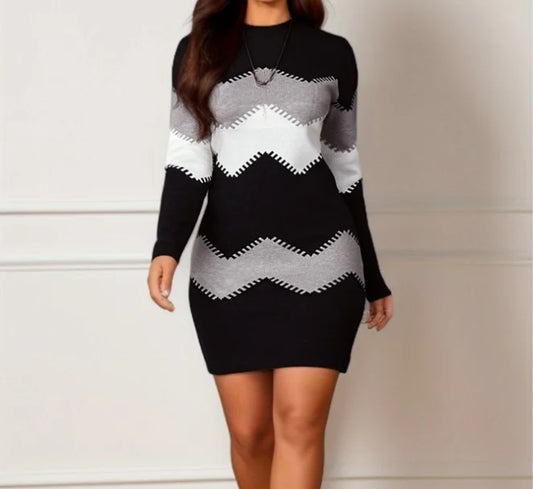 Women Elegant Patchwork Long Sleeve Warm Dress Autumn Winter Rib Knit Sweater Dress Casual Turtleneck Pullover Mini Dresses