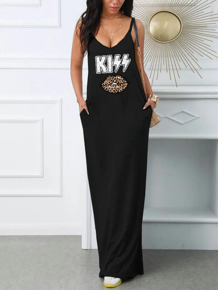 Women's Summer Sexy Suspender Printed Dress Pocket T-shirt Style Mini Dresses Summer Casual Loose Dress Vestidos