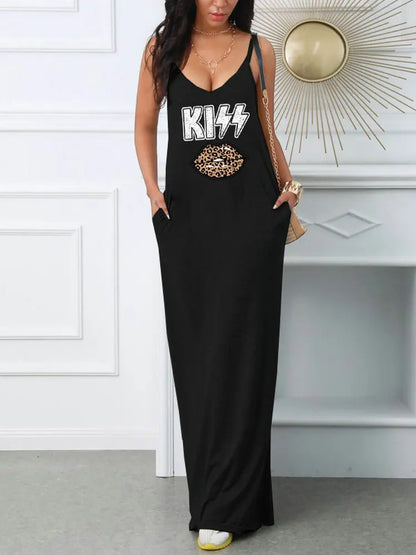 Women's Summer Sexy Suspender Printed Dress Pocket T-shirt Style Mini Dresses Summer Casual Loose Dress Vestidos