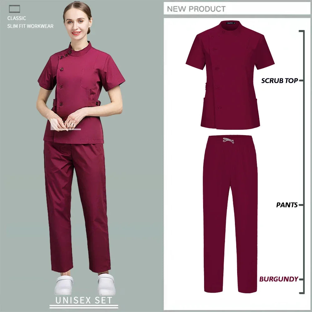 Button Closure and waist retraction Scrub Set Medical Uniforms Nurse Clothes Women Round Neck Surgical Workwear Pair Dental Suit