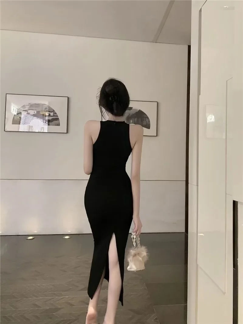 Elegant High Waist Long Sleeveless Dress Neck Hanging Wrap Skirt Slimming Goddess Style Polyester Fiber round Neck Gown