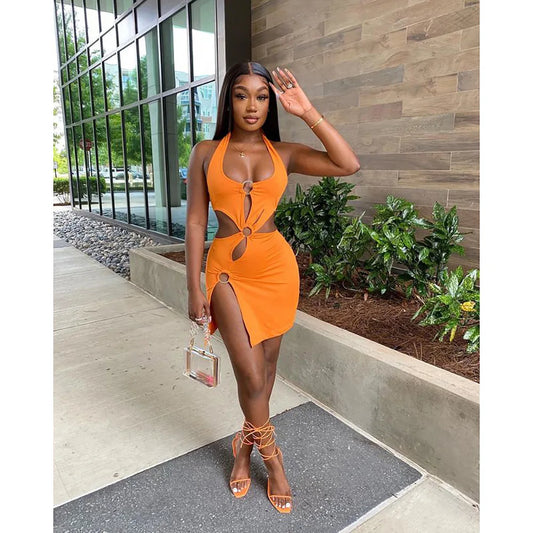 2026 Summer New Halter Dresses Sexy Slim Women's Dress Sleeveless Backless High Split Elegant  Dres Party Club Hollow Mini Skirt