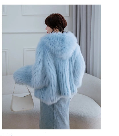 Fox Fur Coat Women's Winter Fashion Warm 100% Fox Fur Coat Hooded Long Sleeved Sweet Women's Luxury Designer Coat