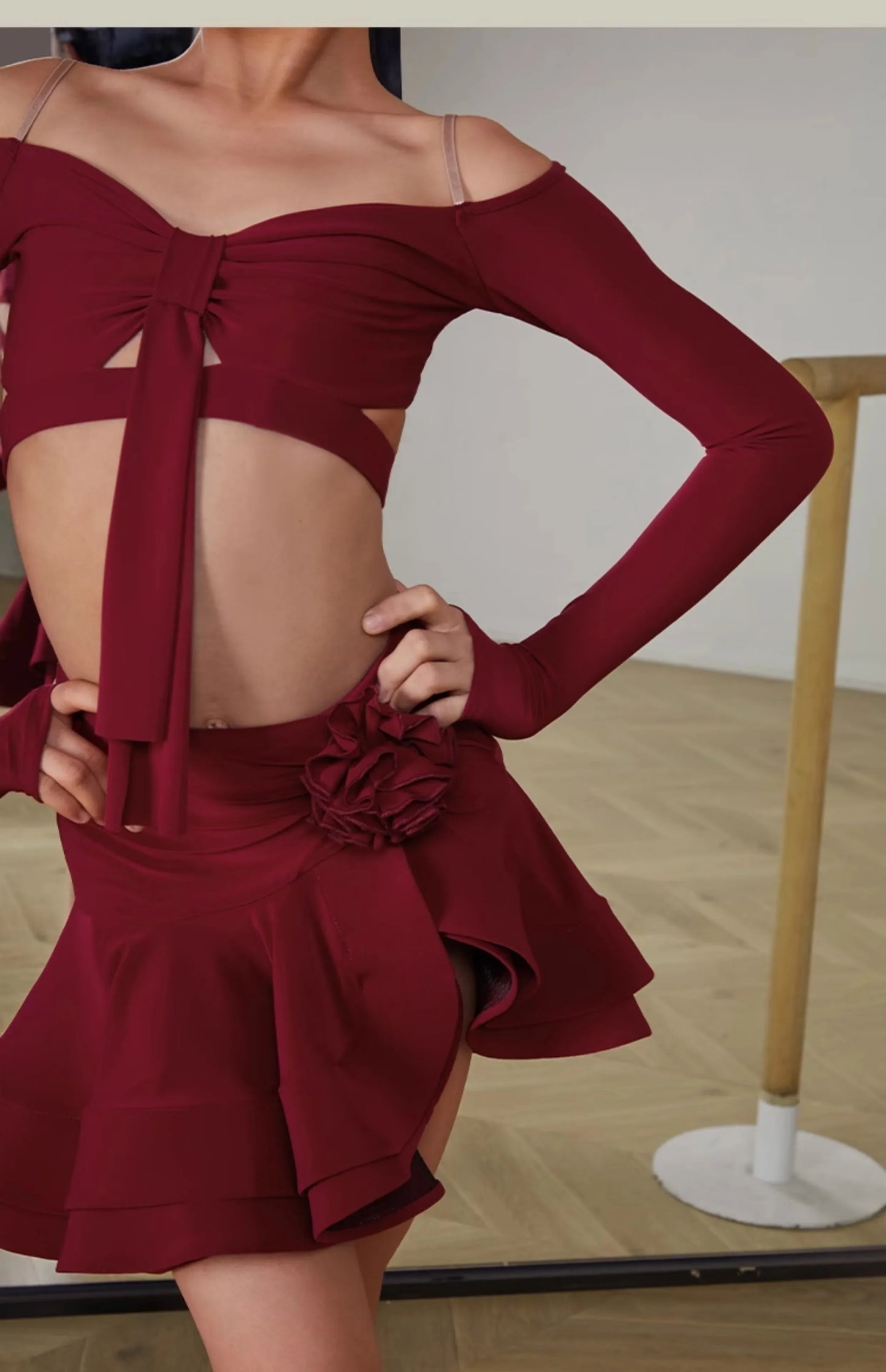 Latin Dance set Clothes Girls Long SLeeves Short Top Skirt Cha cha samba Performance Competition Dress Burgundy Black Dress Kids