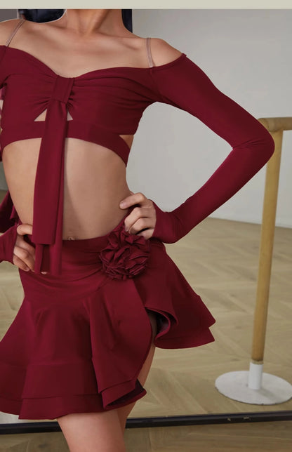 Latin Dance set Clothes Girls Long SLeeves Short Top Skirt Cha cha samba Performance Competition Dress Burgundy Black Dress Kids