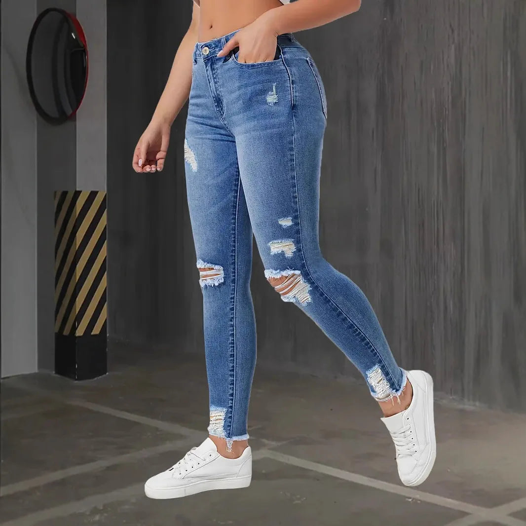 Fashion Skinny Hole Jeans Women 2026 Autumn Stretchy High Waisted Ripped Slim Retro Solid Color Denim Trousers Pants