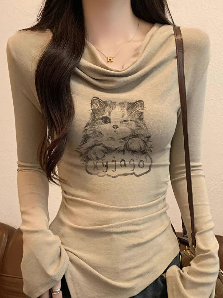 Y2k Cat Long sleeve T-shirt Women Luxury Korean Graphic Off shoulder Top Casual Lady Basic Tees Slim Sexy