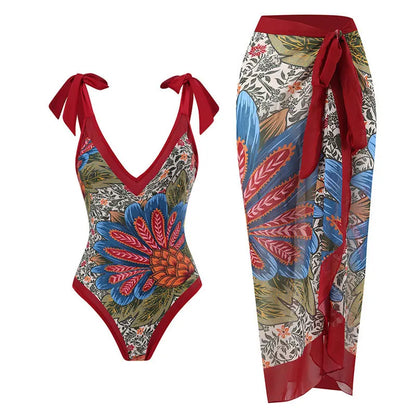 Fashion Women Cover Swimsuit Retro Print Gorgeous One-Piece Suit with Swimwear Beach Casual Swimwear Skirt That Wraps Hips