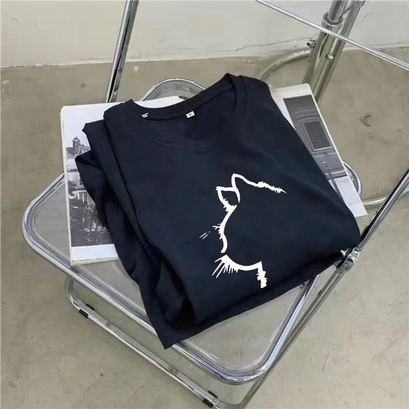 Summer New Loose Dress Women Casual Fashion Cartoon Simple Cat Print Round Neck Short-sleeved Dress