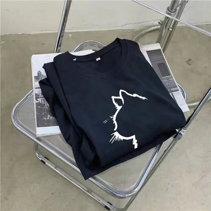 Summer New Loose Dress Women Casual Fashion Cartoon Simple Cat Print Round Neck Short-sleeved Dress