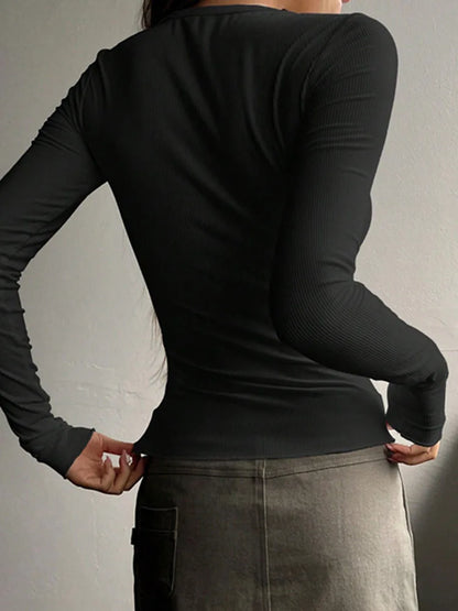 Women Fall Spring Top O Neck Button Long Sleeve Shirts Solid Color Slim Fit Pullover T-shirt Blouse Simple Style Lady Costume