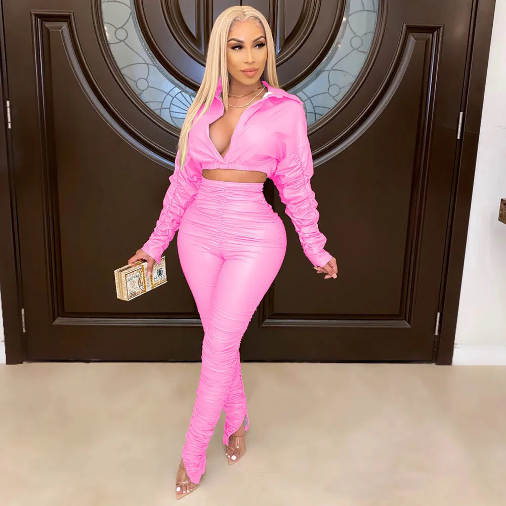 Sexy PU Faux Leather Two Piece Set for Women Birthday Night Club Outfits Crop Top and Slit Stacked Pants Matching Sets Undefined
